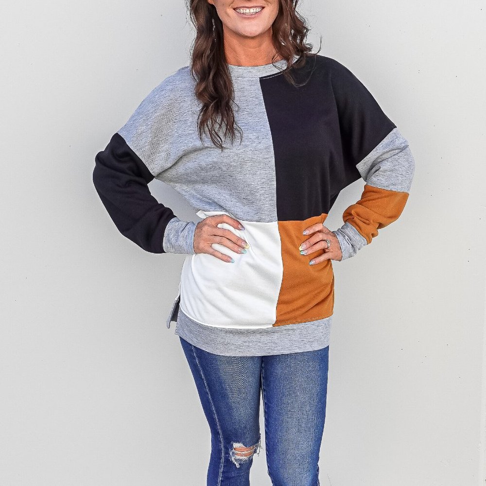 Camel Color Block Long Sleeves Sweatshirt
